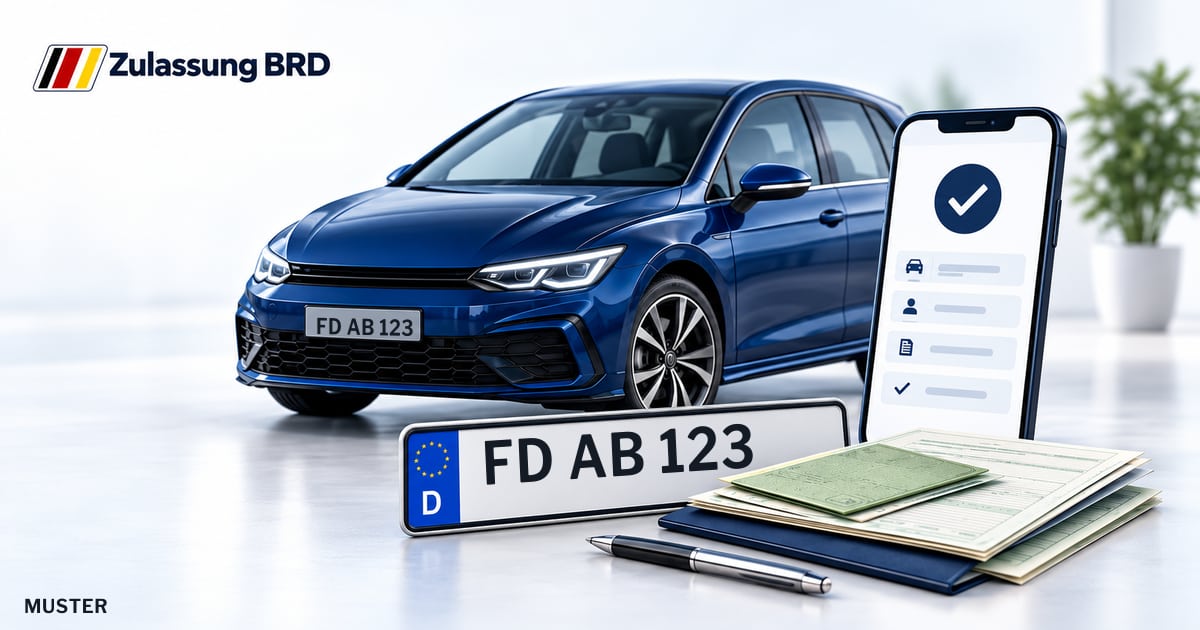 Online Fahrzeugzulassung in Fulda: Musterkennzeichen FD AB 123, Auto und Fahrzeugpapiere und Smartphone. Illustration mit Logo von Zulassung BRD.